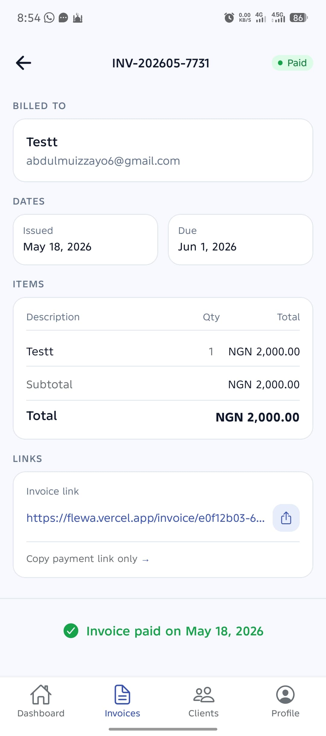 Paid invoice confirmation