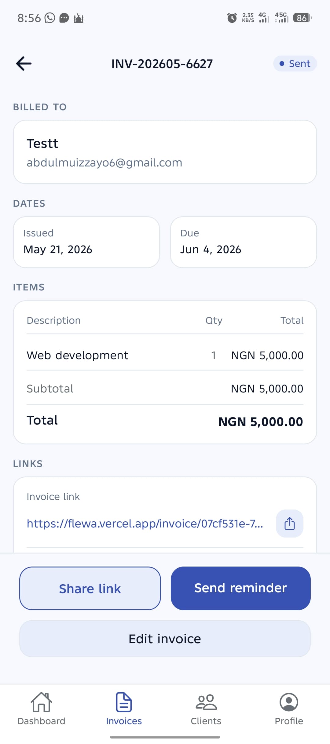 Invoice with payment link ready to share